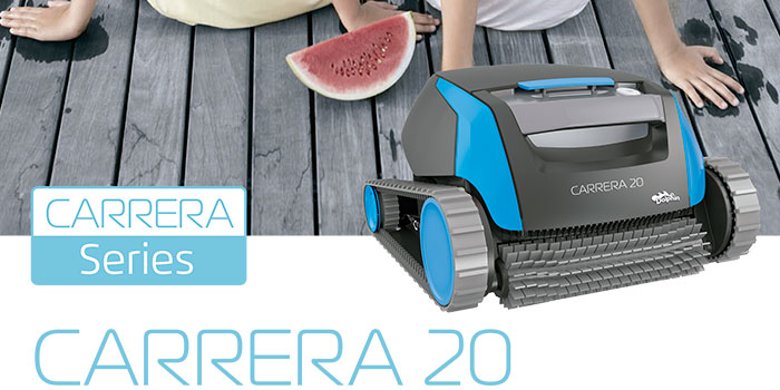 The Dolphin Carrera 20 pool cleaner provides reliable, convenient and cost-effective pool cleaning. Its reliable filtration method in all pool conditions and active brushing on every surface optimise pool hygiene.