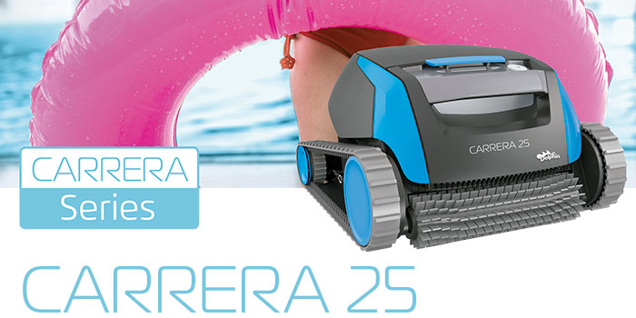 O aspirador de piscinas Dolphin Carrera 25 permite uma limpeza fiável, cómoda e económica da piscina. O seu método de filtração fiável em todas as condições da piscina e a escovagem ativa em todas as superfícies optimizam a higiene da piscina.