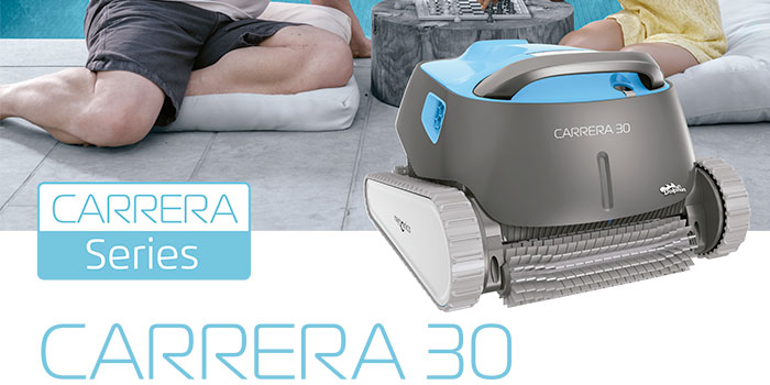 The Dolphin Carrera 30 pool cleaner provides reliable, convenient and cost-effective pool cleaning. Its reliable filtration method in all pool conditions and active brushing on every surface optimise pool hygiene.
