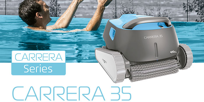 The Dolphin Carrera 30 pool cleaner provides reliable, convenient and cost-effective pool cleaning. Its reliable filtration method in all pool conditions and active brushing on every surface optimise pool hygiene.