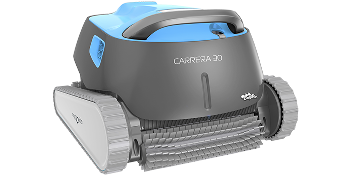 The Dolphin Carrera 30 pool cleaner provides reliable, convenient and cost-effective pool cleaning. Its reliable filtration method in all pool conditions and active brushing on every surface optimise pool hygiene.